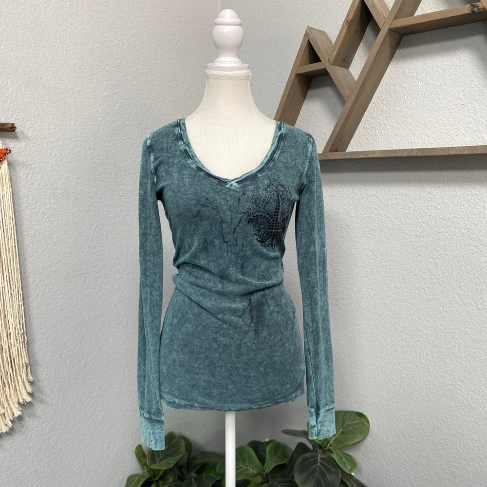 AMERICAN AGE BLUE GREEN LONG SLEEVE HENLEY TOP FLEUR DE LIS Y2K GRUNGE FAIRY ALT